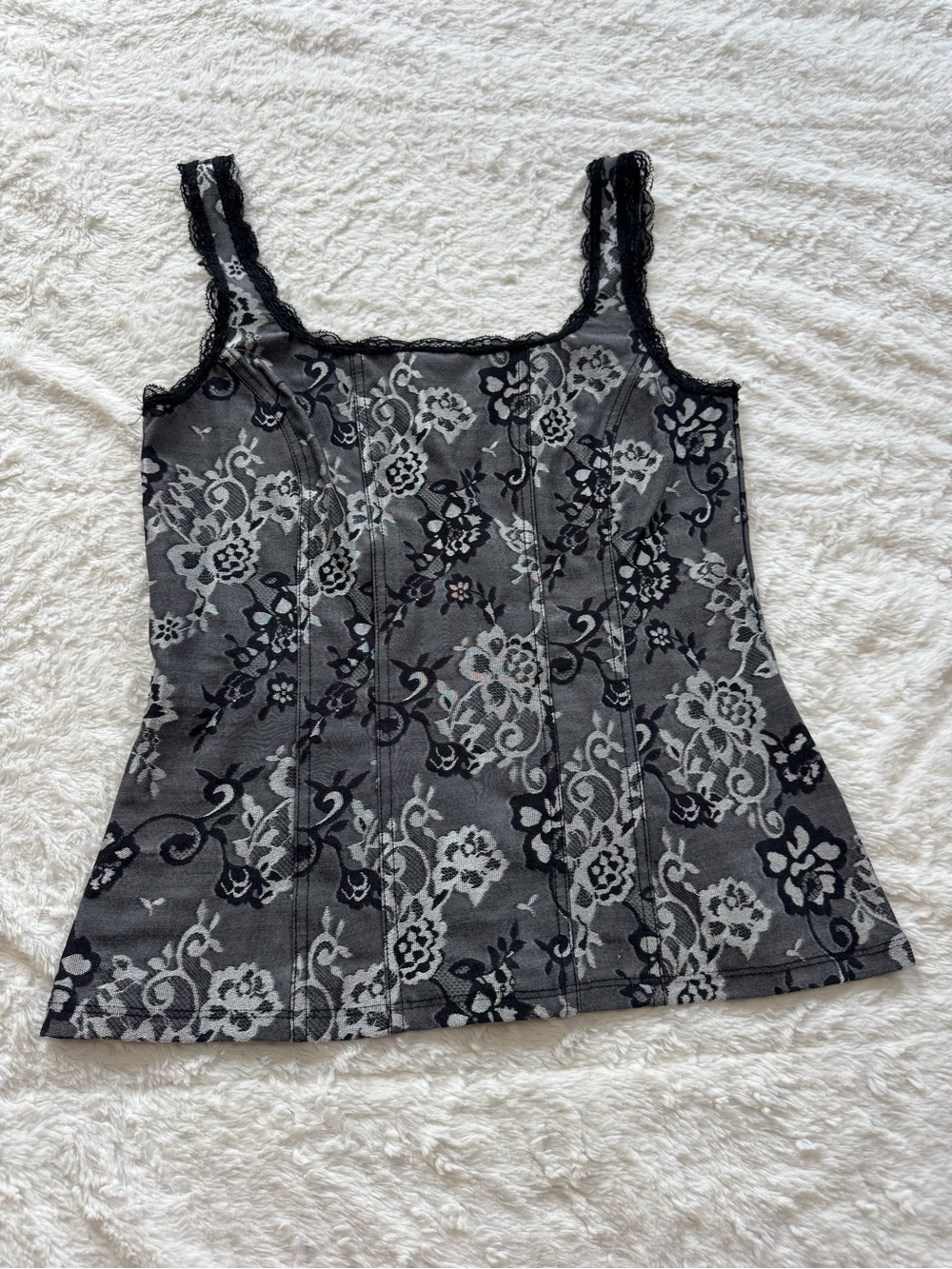 White House Black Market Gray and Black Floral Lace-Trim Camisole